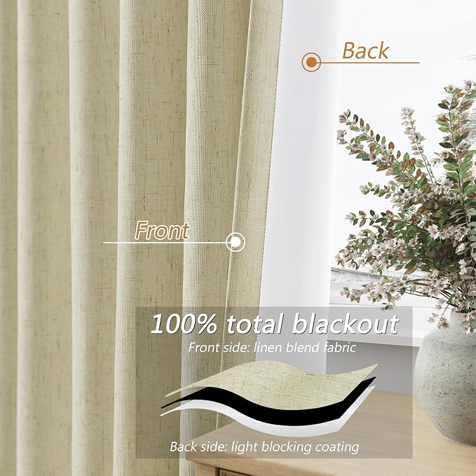 Extra Long 100% Blackout Linen Curtains for Bedroom 108 inches Long, Thermal Insulated Room Darkening Black Out Drapes for Living Room, Back Tab Rod Pocket 2 Panels Set,Cream Yellow,52x108