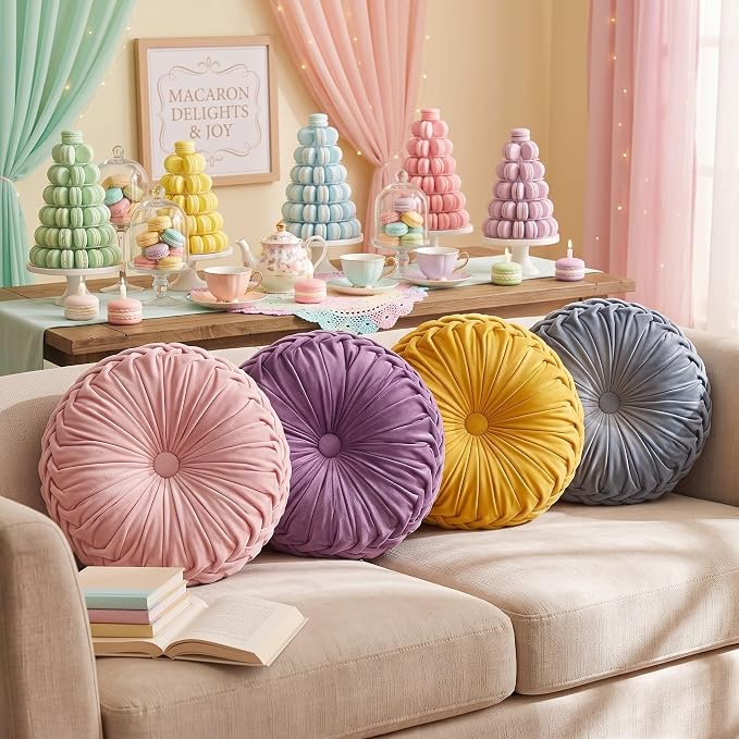 Kathfly 4 Pcs Decorative Round Pleated Throw Pillows, Classy Velvet Pumpkin Round Throw Pillows, Decorative Floor Pillow for Bed Chair Home Sofa Decor, 14" Diameter (Easter Colors)
