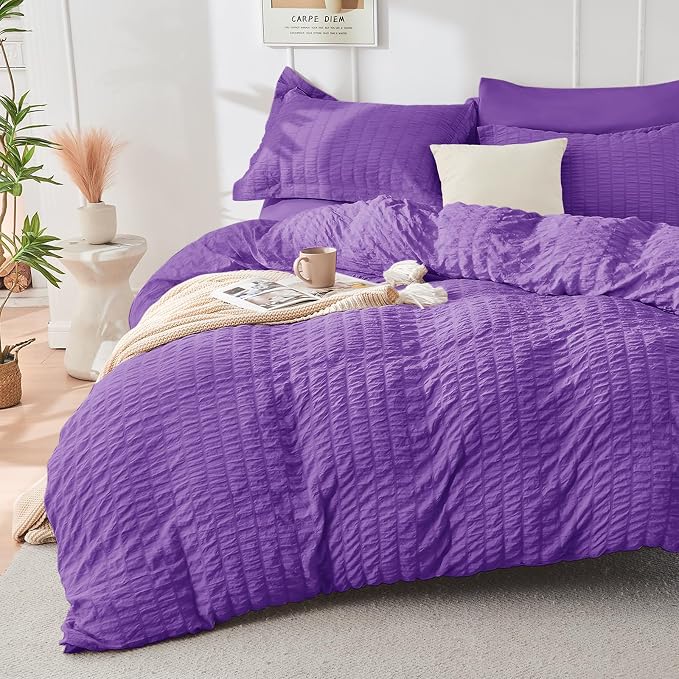 HYMOKEGE Dark Purple Duvet Cover King Size, Ultra Soft 3-Piece Seersucker Duvet Cover Set with Zipper Closure, Soft Brushed Microfiber Bedding Set with 8 Corner Ties (104"x90", 2 Pillowshams)