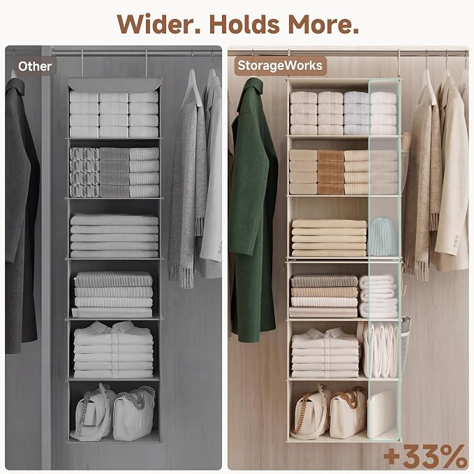 StorageWorks Hanging Closet Organizer, 6-Shelf with 2-in-1 Design, Ivory | Maximize Closet Space with Reinforced Shelves, Small Closet Storage Solution for Bedrooms, Dorms and RVs, Jumbo