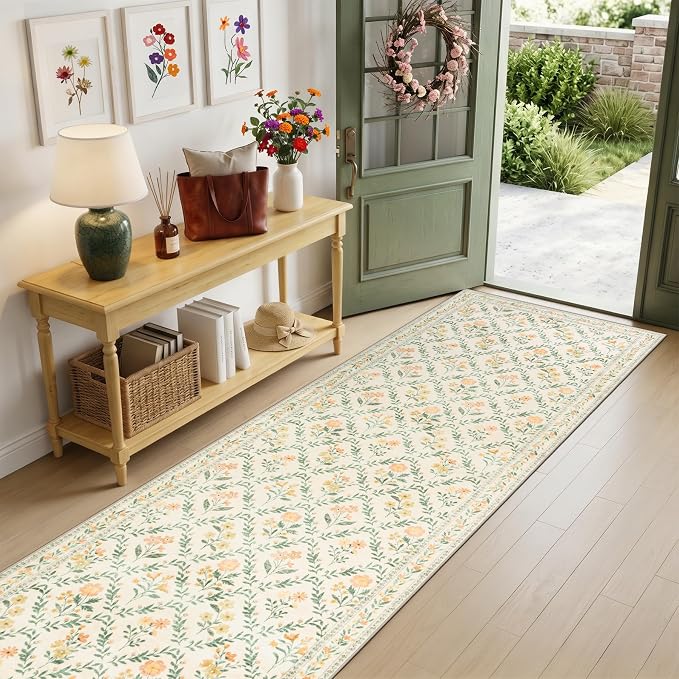 PLHXFR 2.6x14 Washable Runner Rug：Floral Indoor Kitchen Carpet Beige Multi | For Hallway Bedroom Kitchen Laundry Bathroom Dorm,Vintage Floral,Machine washable,Non Slip,Stain Resistant,Indoor Floor