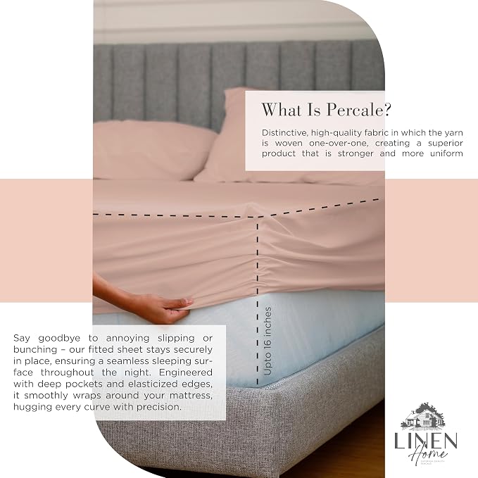 Linen Home 2-Pack Full Sheet Set, 100% Cotton Percale Bedding, 8-Piece Value Bundle, Deep Pocket Cooling Bed Sheets for Hot Sleepers, Breathable & Crisp Hotel Quality, Long-Staple Cotton, Brushed Rose