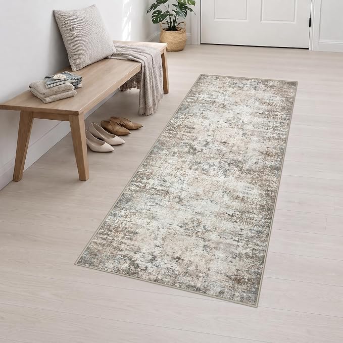 2.6x8 Washable Runner Rug：Modern Abstract Kitchen Soft Carpet Brown | For Hallway, Bedroom, Kitchen, Laundry, Bathroom,Door Mat,Modern Abstract,Machine washable,Non-Slip,Stain Resistant,Indoor