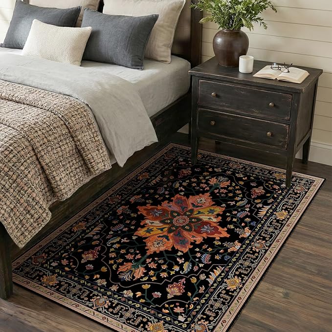 RELEANY Washable Area Rug, 3'x5', Black/Colorful | Non-Slip, Water Repellent, Pet Friendly, Easy to Clean, Vintage Floral Boho Decor for Living Room Bedroom Beside Kitchen