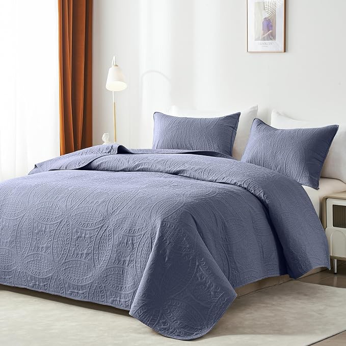 akkialla Quilts Queen Size,Bluish Grey Ultrasonic Full/Queen Quilt Set,Lightweight Soft Bedspread Coverlet,Modern Style Coin Pattern Bed Cover for All Seasons,3 Piece(1 Quilt,2 Pillow Shams)