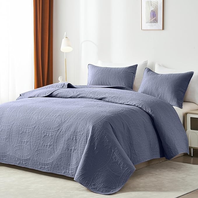 akkialla Twin Quilt Set,Bluish Grey Ultrasonic Twin Quilt Bedding Set,Lightweight Soft Bedspread Coverlet,Modern Style Coin Pattern Bed Cover for All Seasons,2 Piece(1 Quilt,1 Pillow Sham)