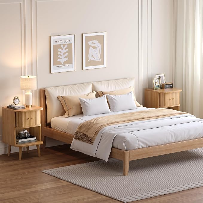 Decofy Fluted Nightstand with Charging Station & Sliding Door, Oak | Open Shelf, Space-Saving, Concealed Cabinet Storage, Mid Century Modern Bedside Tables, Bedroom End Tables