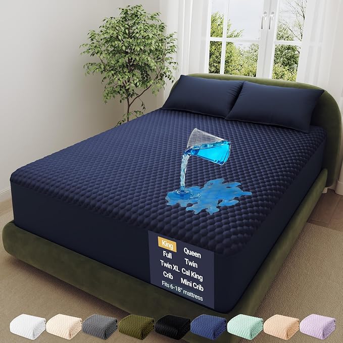 OhGeni 100% Waterproof Mattress Protector, King Size Mattress Pad, Fits 6"-20" Mattresses with Deep Pocket, Cooling, Breathable Fitted Sheets, Washable Bed Cover Over 99 pcs Hex Filled Bumps,Navy Blue