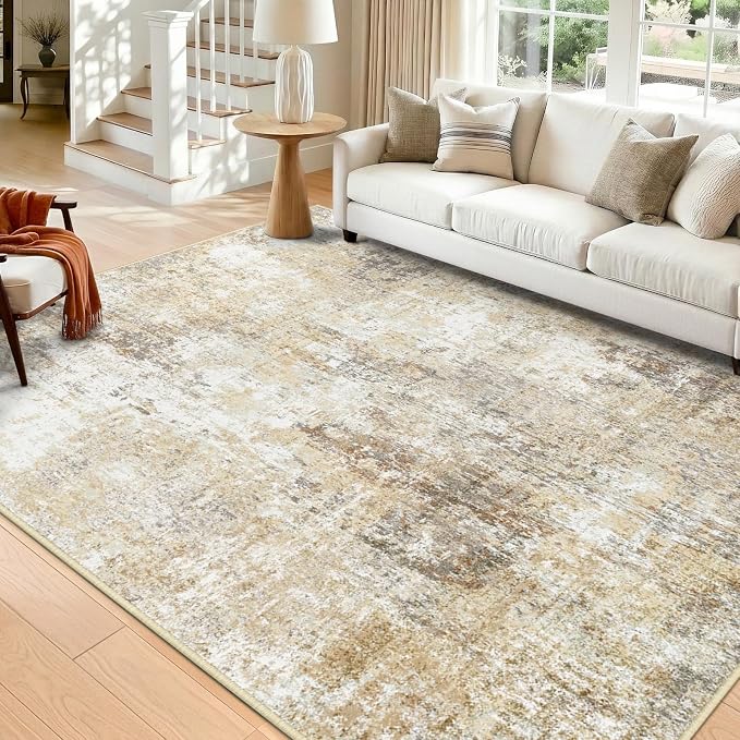 RELEANY Washable 5'x7' Abstract Area Rug for Living Room Neutral Brown | Carpet for Bedroom, Kitchen, Office, Hallway and Entryway, Printed Pattern, Non‑Slip, Soft, Stain‑Resistant, Easy to Clean