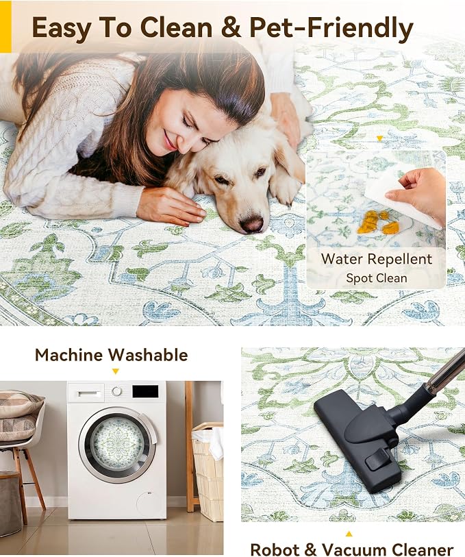 RELEANY Washable Area Rug, Round 6ft, Green/White/Blue | Non-Slip, Water Repellent, Pet Friendly, Easy to Clean, Vintage Floral Boho Decor for Living Room Bedroom Dining Room