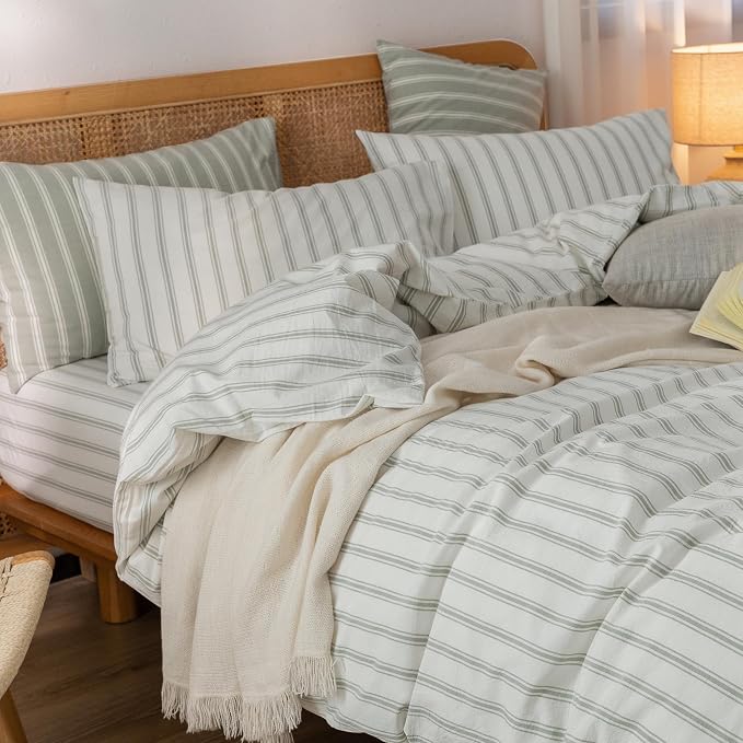 BESTOUCH Striped Cotton Duvet Cover Set Linen Feel Alaska King | 100% Washed Cotton, Soft Wrinkle Texture, Hidden Zipper, 8 Ties, Breathable Lightweight Durable Comfy, 3 Pcs No Insert