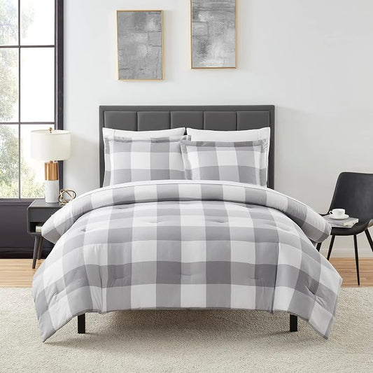 7 Piece Comforter Set Bag Solid Color All Season Soft Down Alternative Blanket & Luxurious Microfiber Bed Sheets, Queen, Checkered Box