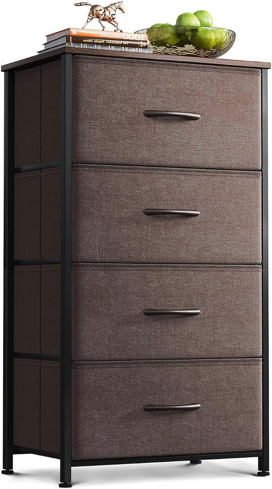 AODK Small Dresser for Bedroom with 4 Storage Drawers, Brown | Dressers Chest of Drawers Fabric Dresser with Sturdy Steel Frame, Dressers for Closet with Wood Top
