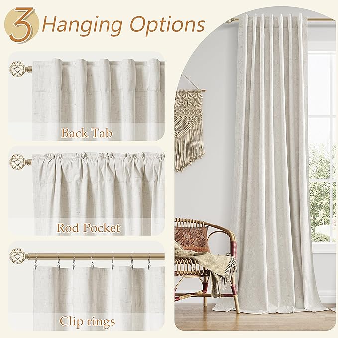 100% Blackout Boho 96 Inches Long Natural Linen Curtains Floor to Ceiling Drapes for Living Room Winter Thermal Insulated Room Darkening Black Out Sliding Barn Door Curtain, 52x96