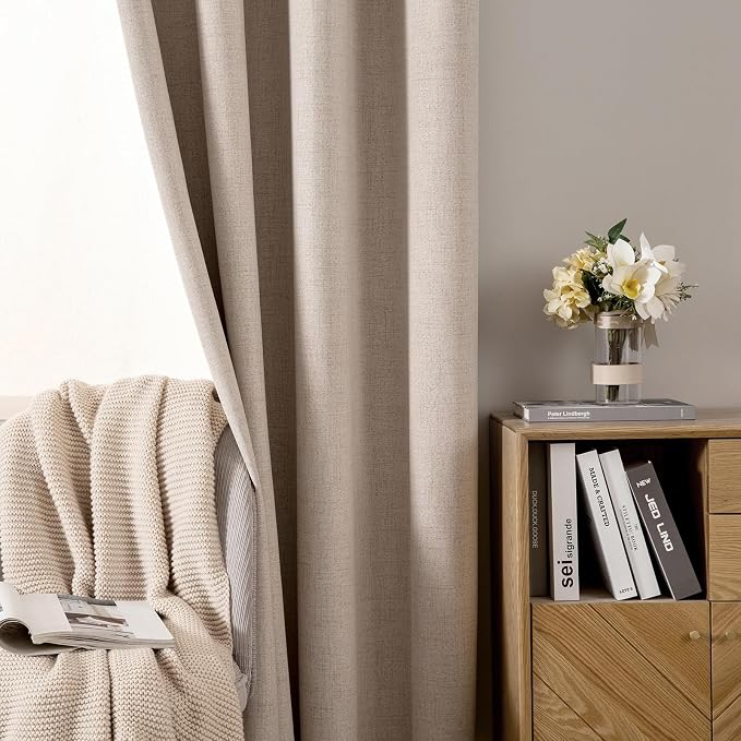 MIULEE 100% Blackout Linen Curtains for Bedroom 52x100 Inches Natural Beige | Room Darkening, Light Blocking, Thermal Insulated, Grommet Top, Linen Textured, Window Curtains for Living Room, 2 Panels