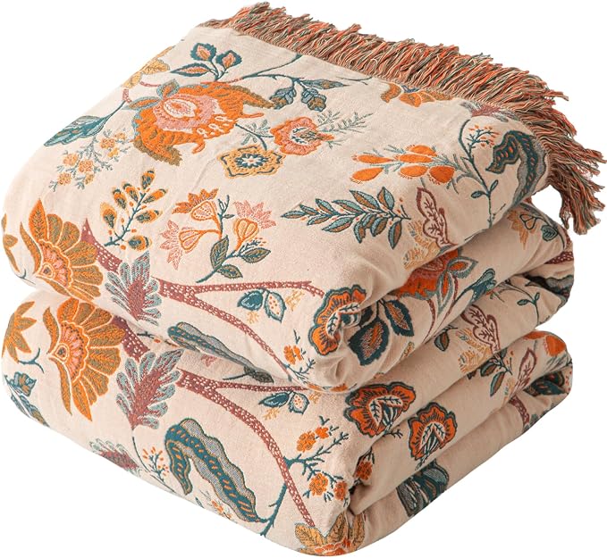 Boho Throw Blanket for Couch Sofa Bed, 100% Cotton Woven Quilt with Tassel 60”x80”, Super Soft Muslin Blanket with Floral Printed, Decorative Reversible Bed Blanket/Cover for All Seasons