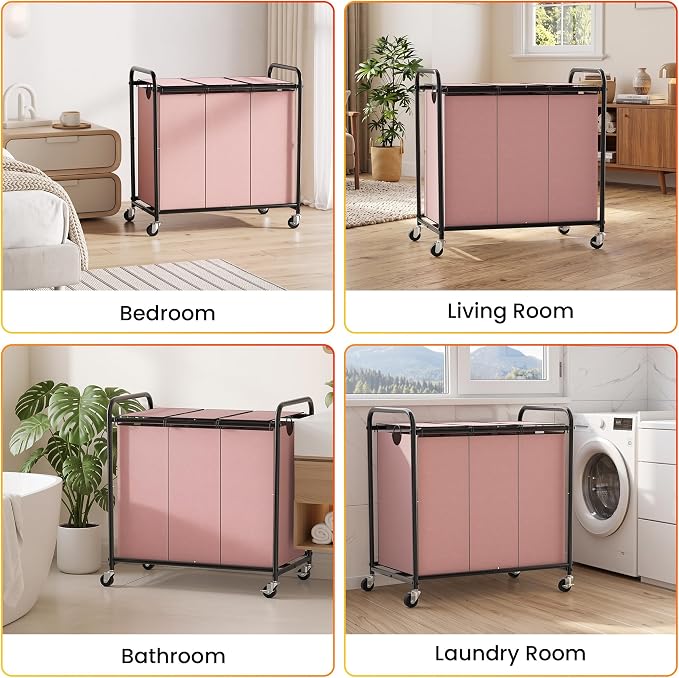 180L Laundry Sorter 3 Section, Rolling Laundry Basket with Wheels and Lid | 47.55 Gal Laundry Hamper, 3 Separated Removable Bags, Lockable Wheels, Dirty Clothes Hamper for Laundry Room Organizer, Pink