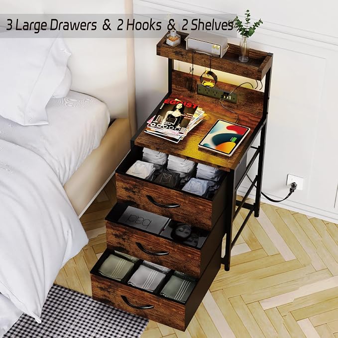 SZLHANJZ Nightstands Set of 2, LED Light and Charging Station, 3 Drawers | Spacious Fabric Drawers End Table, Storage Night Stand with Hooks, Tall Bed Side Table for Bedroom Dorm, Rustic Brown