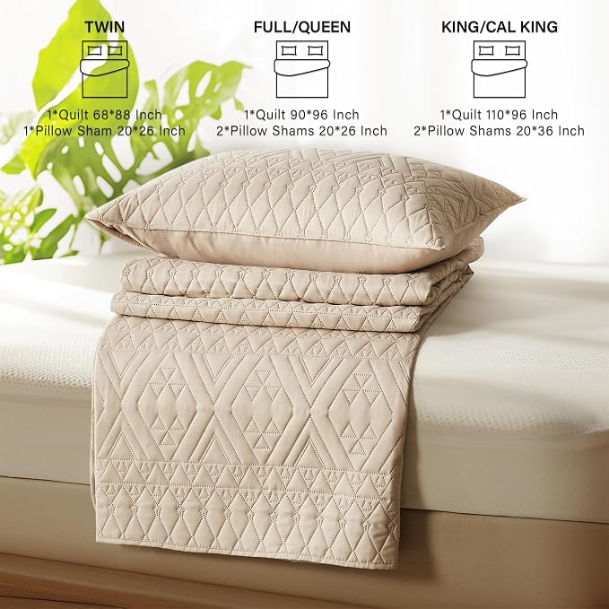 akkialla Full/Queen Size Quilt Bedding Set,Beige Lightweight Microfiber Soft Bedspread,Modern Style Geoetric Pattern Coverlet Set for All Seasons,3 Piece(1 Quilt,2 Pillow Shams)