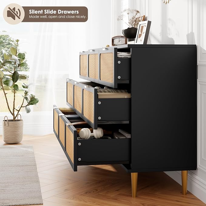 GarveeHome Rattan 9 Drawer Dressers for Bedroom, Deep Drawer, Black | Tall Dresser, Wide Top, for Living Room, Hallway, Kids Room, Large Chest of Drawers for Closet, Long Wooden Dresser