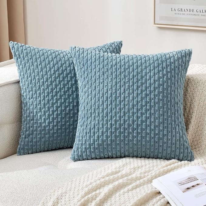 MIULEE Decorative Throw Pillow Covers 18x18 Blue Grey Textured Corduroy | Pack of 2 Striped Pillow Covers Modern Farmhouse Coastal Home Decor for Couch Bed Sofa Living Room