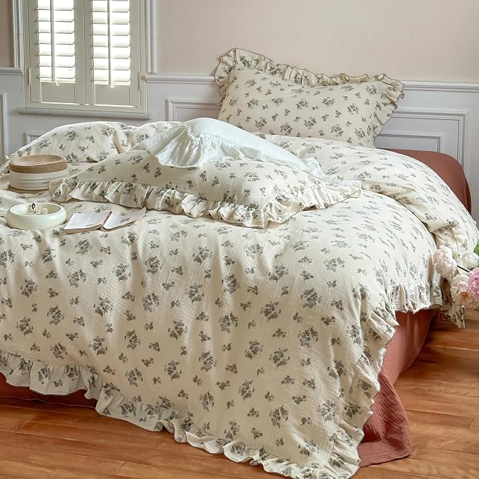 Vintage Floral Duvet Cover Twin for Girls, Shabby Chic Quilt Cover Ruffled Kids Bedding, 100% Cotton Muslin, Soft Breathable, 68"x86", Zipper Closure, No Pillowcase