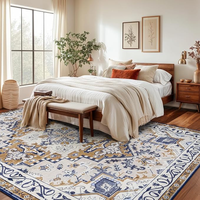 Rugflix 9x12 Area Rugs for Living Room, Washable Light Brown Large Rug | Machine Washable; Stain-Resistant; Low Pile; Non-Slip; Boho Vintage Printed; Carpet for Bedroom Dining Office Nursery Home