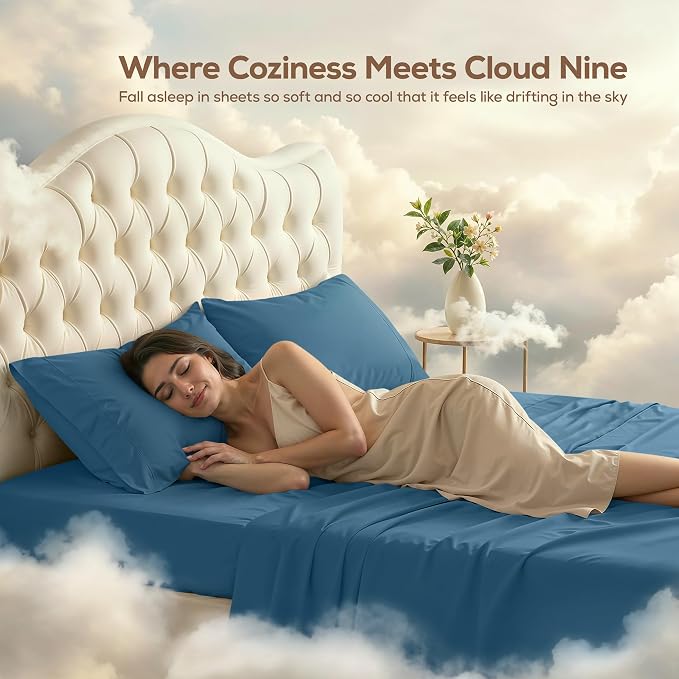 California King Sheets Set, 4 Pieces 16" Deep Pocket Bed Sheets, Dusk Blue | Extra Soft Bedsheet Set, Comfy & Breathable Cooling Sheets, Wrinkle & Fade Resistant, Fitted Sheet, Flat Sheet, 2 Pillowcases