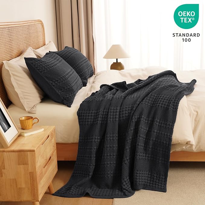 PHF Lightweight 100% Cotton Waffle Throw Blanket for Couch, Black | Pre-Washed Soft Cotton Comfort, Breathable Layering Warmth for Fall & Winter, Office, Travel, Sofa, Home Decor & Gifts