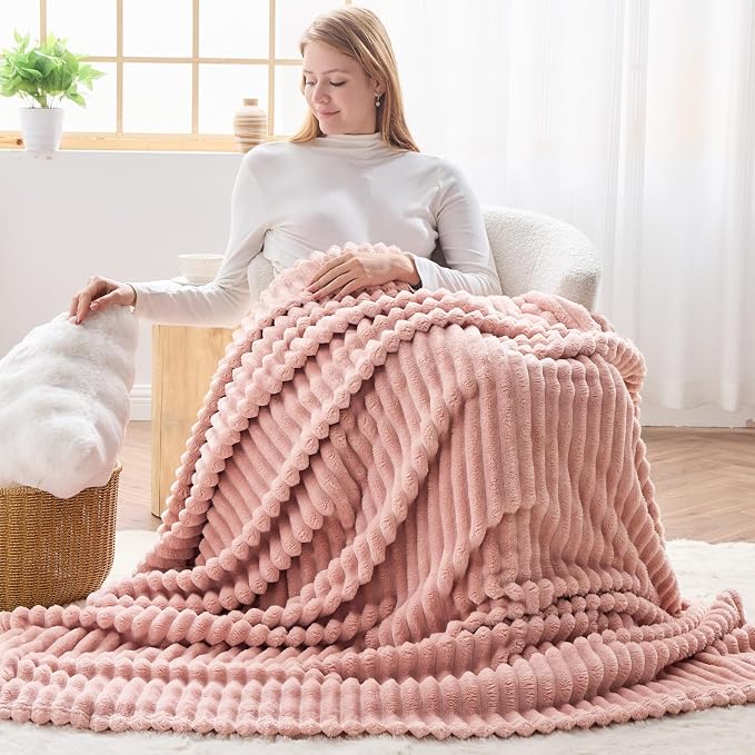 NEWCOSPLAY Fleece Ribbed Cozy Twin Blanket for Couch, Pink, 60"x80" | Premium Silky Flannel Blanket, Soft Lightweight Fluffy Throw Blanket for Bed Sofa Decor, Gift for All Season Use