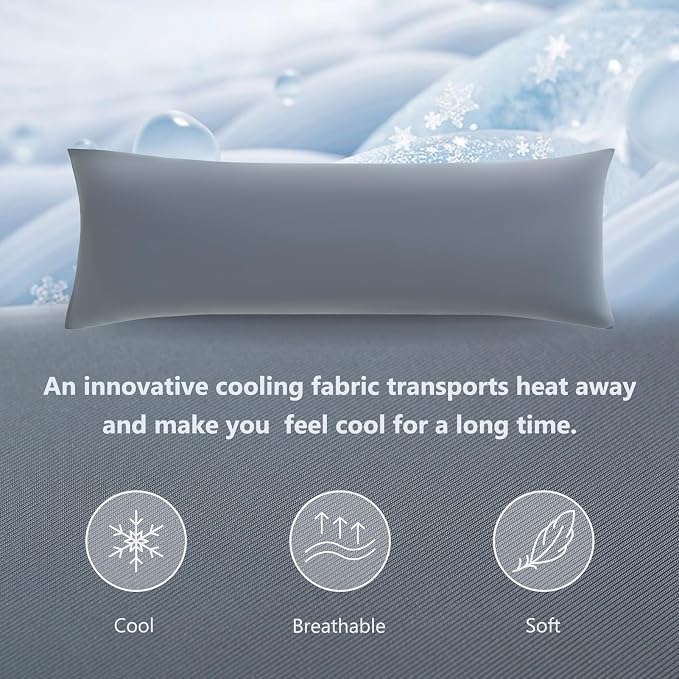 DOWNCOOL Large Body Pillow Insert with Cooling Cover - Soft Long Bed Pillow for Summer - Breathable Full Body Pillow for Adults - 20x54 inch (Grey, with Cover)
