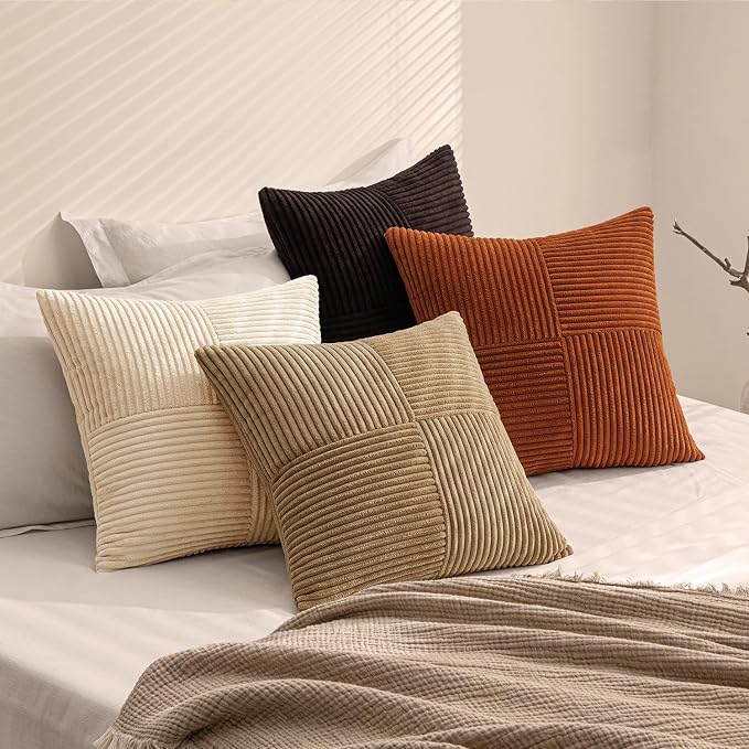 MIULEE Brown Beige Throw Pillow Covers 18x18 Inch Set of 4 Boho Farmhouse Cushion Cases for Livingroom Couch Bed Soft Corduroy Pillow Cases with Invisible Zipper Home Decor