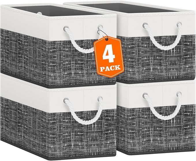 Storage Bins 4-Pack, Foldable Storage Baskets for Organizing Toys, Books, Shelves, Closet, Large Storage Box with Rope Handles, Sturdy Organizer Bins, White & Black