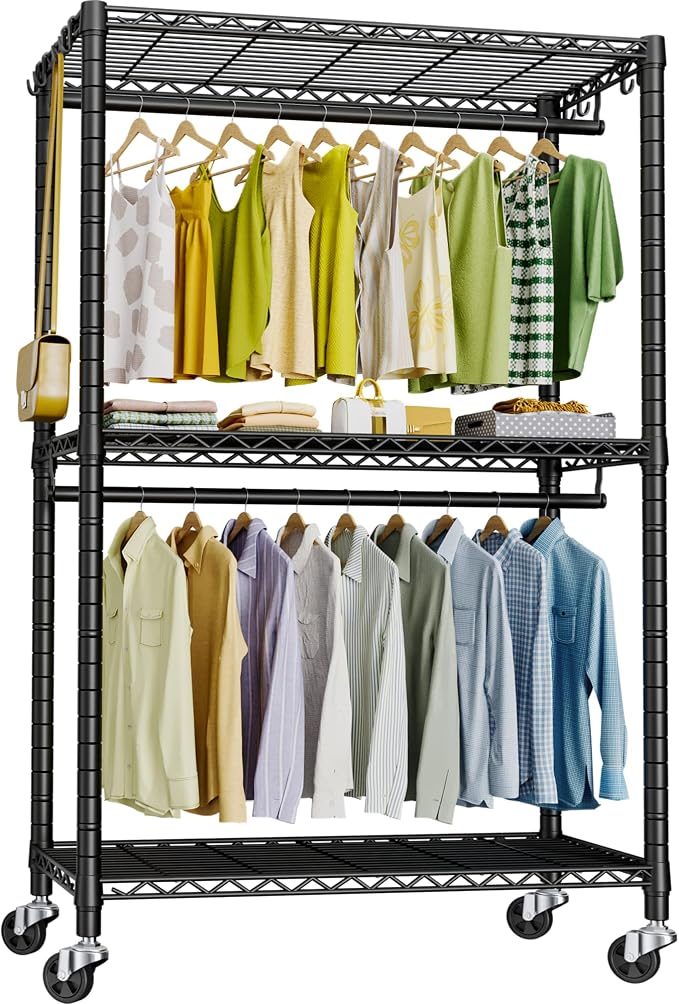FUTASSI Rolling Clothes Rack, Clothing Racks for Hanging Clothes, Black | P3 Heavy Duty Garment Rack with Wheels, Freestanding Portable Closet Racks 39.4'' W x 14'' D x 78.5'' H, Max Load 470 LBS