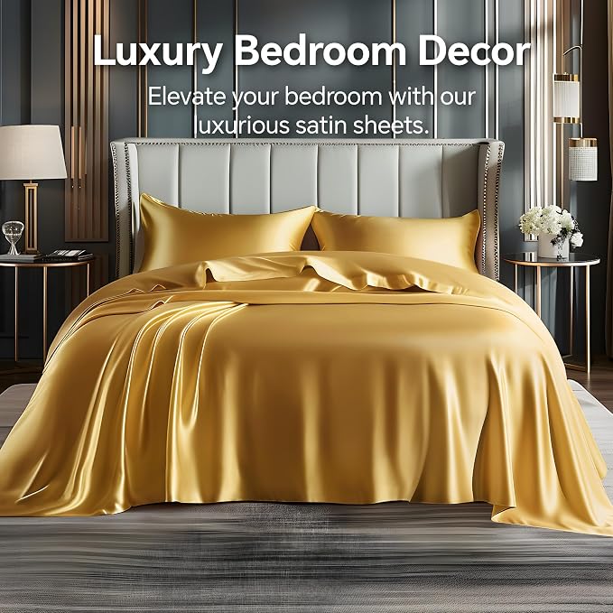 BEDELITE Satin Sheets California King Size Bed Set, Gold, 4 Pieces | Luxury Silky Bed Sheets, 15 Inch Deep Pocket, Similar to Silk, Soft and Cooling, Reduces Friction, Gentle on Hair and Skin