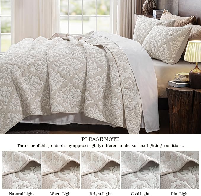 Exclusivo Mezcla Cotton Quilts King Size Beige | Soft Lightweight Bedspread, Breathable Prewashed Yarn Dyed Muslin, All Season Bedding Set, Boho Coverlet With 2 Pillow Shams