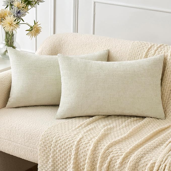 MIULEE Soft Chenille Lumbar Throw Pillow Covers Cream 12x20 Inch Pack of 2 | Modern Home Decor, Classic Decorative Pillows, Solid Dyed Cases, Boho Couch Cushion Covers for Sofa Bed Living Room