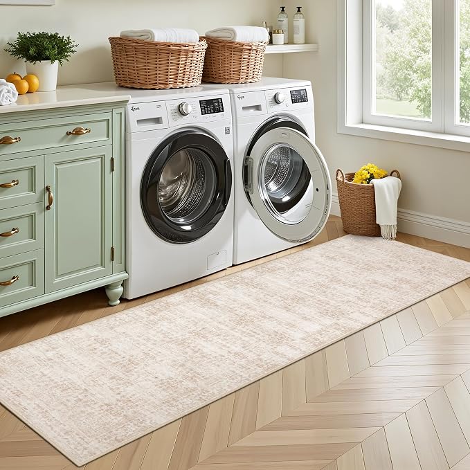 Hallway Runner Rug: 2.6x8 Kitchen Rugs for Living Room Beige Brown | Runner Rug Hallway Washable Rug No Slip Soft Bedroom Rug Indoor Floor Stain Resistant Carpets for Entryway, Laundry, Bathroom