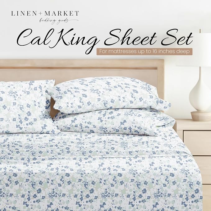 Linen Market Double-Brushed Patterned Microfiber California King Sheet Set 4 Piece – Oeko-TEX Certified Ultra Soft & Wrinkle-Free - 16" Deep Pocket Sheets Easy Care Cal-King Size - Violets Light Blue