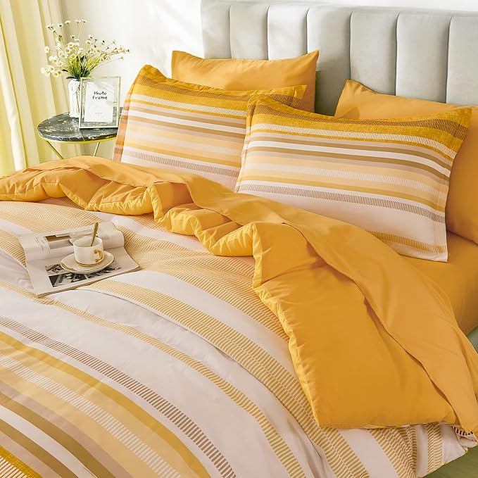 Dobuyly Yellow Comforter Set Queen Size 7 Piece, Boho Striped Bed in a Bag Queen Soft Microfiber Bedding Sets with Comforter, Sheets, Pillowcases & Shams All Season