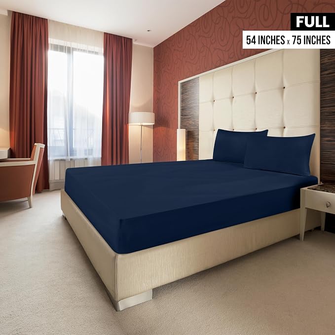 Pack of 2 Full Fitted Sheet, Fits Up to 16 Inch Deep Pocket, Navy | Hotel Comfort, Cooling & Breathable Cotton like Polyester, Easy Fit, Wrinkle & Fade Resistant, Snug Fit, Easy Care, Oeko-Tex