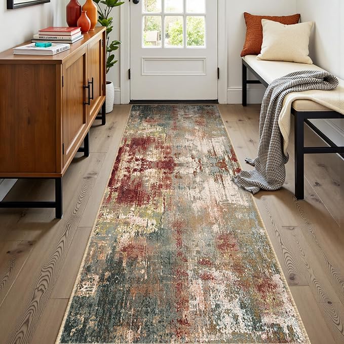 RELEANY Washable Runner 2'x8' Abstract Area Rug for Hallway Rustic Brown | Carpet for Kitchen, Entryway, Bathroom, Living Room, Bedroom, Printed Pattern, Non‑Slip, Soft, Stain‑Resistant, Easy to Clean