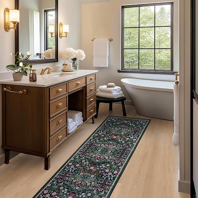 PLHXFR 2.6x8 Washable Runner Rug：Floral Indoor Kitchen Carpet Dark Green | For Hallway Bedroom Kitchen Laundry Bathroom Dorm,Vintage Floral,Machine washable,Non Slip,Stain Resistant,Indoor Floor