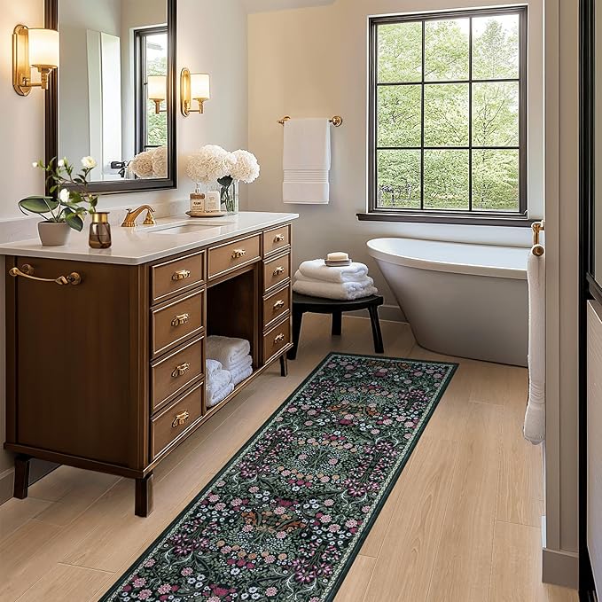 PLHXFR 2x6 Washable Runner Rug：Floral Indoor Kitchen Carpet Dark Green | For Hallway Bedroom Kitchen Laundry Bathroom Dorm,Vintage Floral,Machine washable,Non Slip,Stain Resistant,Indoor Floor