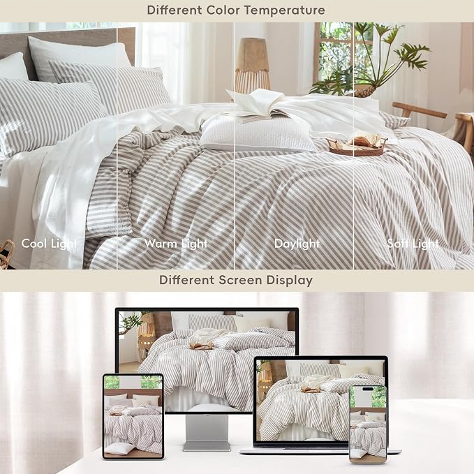 MooMee Striped Duvet Cover Set 100% Washed Cotton Linen Like King | Relaxed Linen-like Texture. Soft, Breathable & Long-lasting Comfort. Lightweight. Hidden Zipper with 8 Interior Corner Ties