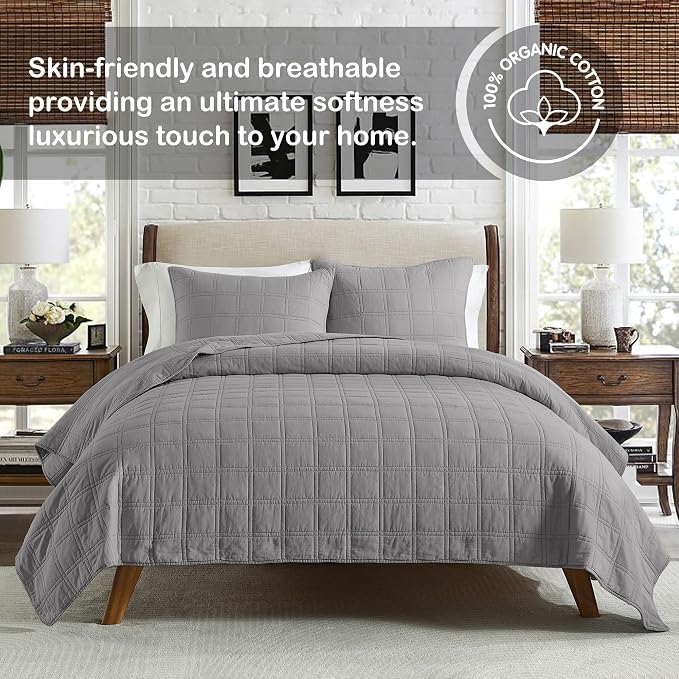 HORIMOTE HOME 100% Cotton Quilt Set Queen Size, Grey Pre-Washed Bedspreads Coverlet Set in Geometric Pattern, Cozy Lightweight Stitching Decorative Bedding Cover with 2 Shams for All Season