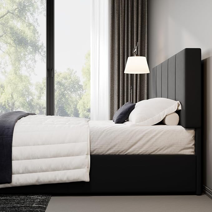Allewie Full Size Dutch Velvet Upholstered Platform Bed Frame/Vertical Channel Tufted Adjustable Headboard/Low Profile Bed Frame/No Box Spring Needed/Easy Assembly/Black