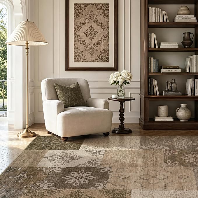 UERMEI 8x10 Area Rug for Living Room, Washable Brown Modern Geometric Patchwork Non Slip Stain Resistant Low Pile Foldable Carpet for Bedroom Dining Farmhouse Home Office