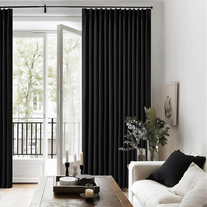 Black Pinch Pleated Linen Blackout Curtains 90 Inches Long for Bedroom | 100% Black Out Thermal Insulated, Pinch Pleat with Ring Hooks Back Tab, Room Darkening Drapes with Liner, for Living Room