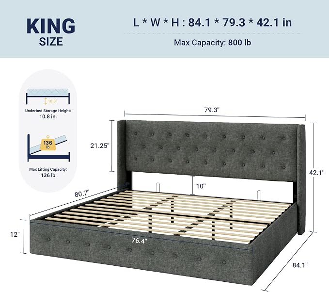 Allewie King Size Lift Up Storage Button-Tufted Bed Frame Dark Grey | Modern Wingback Headboard, Hydraulic Support Storage, No Box Spring Needed